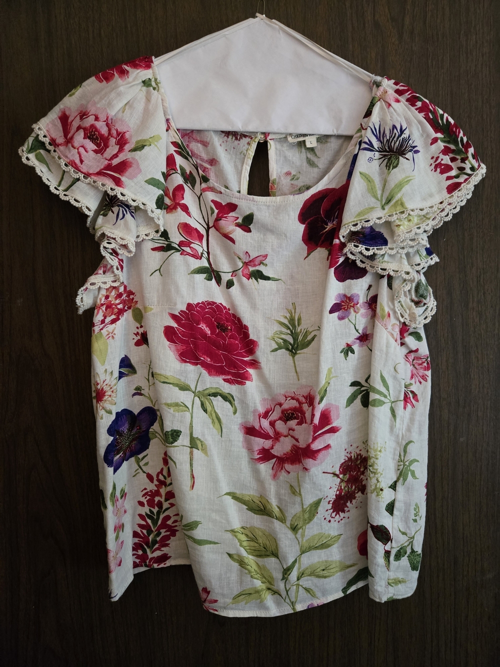 Floral Ruffle Sleeve Women’s Top - White with Pink Floral